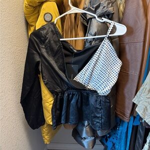 Fashion Nova Black and Blue Asymmetrical Peplum Blouse